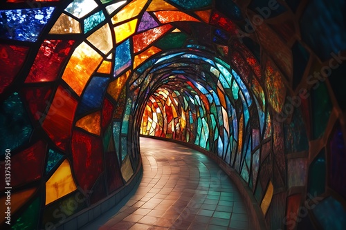 Colorful Stained Glass Tunnel Pathway Architecture