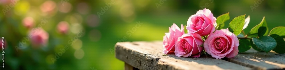 Rustic bench, pink roses, summer garden Sunlight dapples leaves , greenery, blossoms, afternoon Rustic bench, pink roses, summer garden Sunlight dapples leaves , greenery, blossoms, afternoon