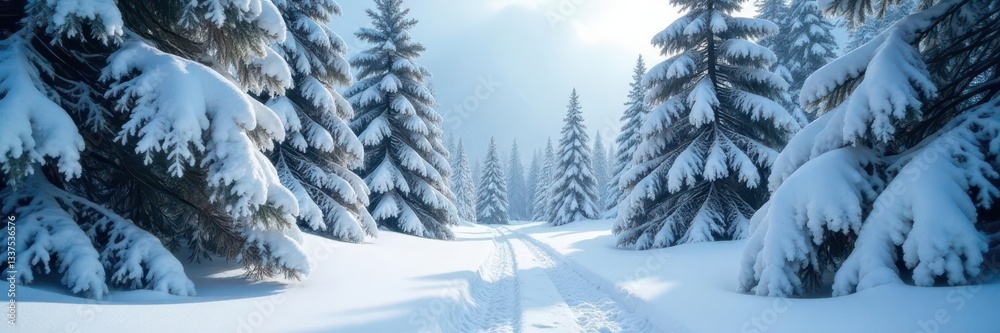 Snow-laden pines, frosted branches, deep snow cover, white, photography, tabletop Snow-laden pines, frosted branches, deep snow cover, white, photography, tabletop