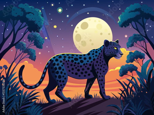 vector of  A leopard's silhouette against a moonlit sky, its sleek form exuding an aura of mystery and danger.