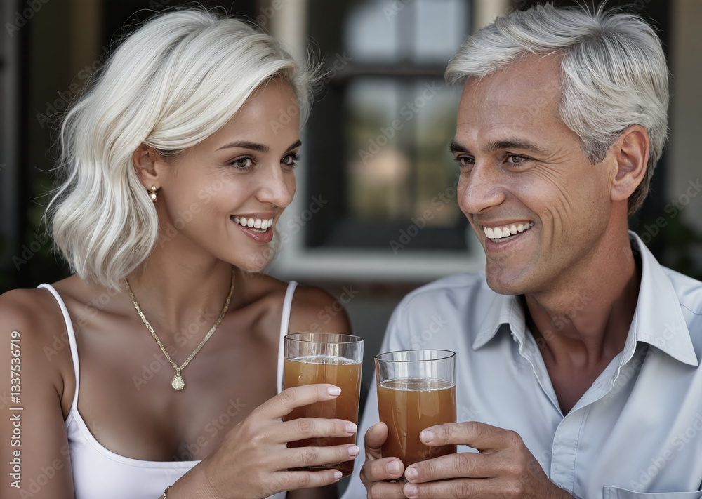 A cheerful adult couple sharing a moment together while drinking beverages. Capturing the essence of happiness, connection, and leisure outdoors A cheerful adult couple sharing a moment together while drinking beverages. Capturing the essence of happiness, connection, and leisure outdoors