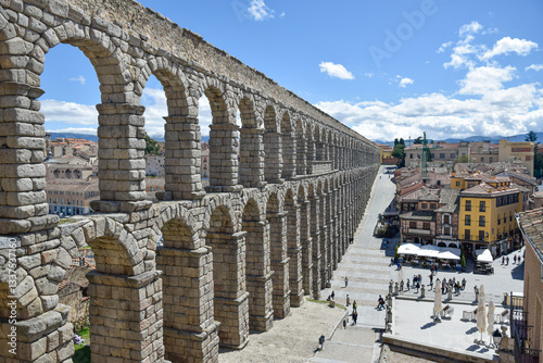 Right upper side view of Segovia Aqueduct with square, Roman construction