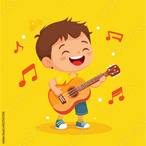 Energetic Child Playing Guitar and Singing Silhouette Vector Illustration