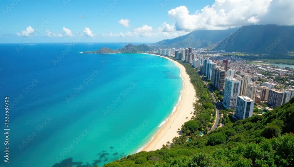 Naklejka premium Stunning Honolulu cityscape, azure ocean backdrop, skyline, highrise, beach