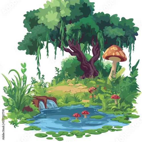 Mystical Jungle Forest Landscape with Swamp for Game Background