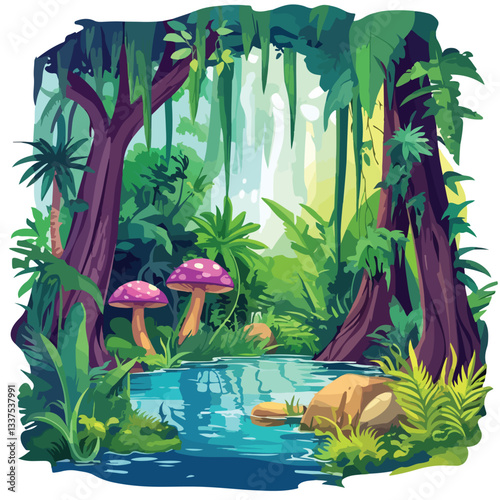 Mystical Jungle Forest Landscape with Swamp for Game Background
