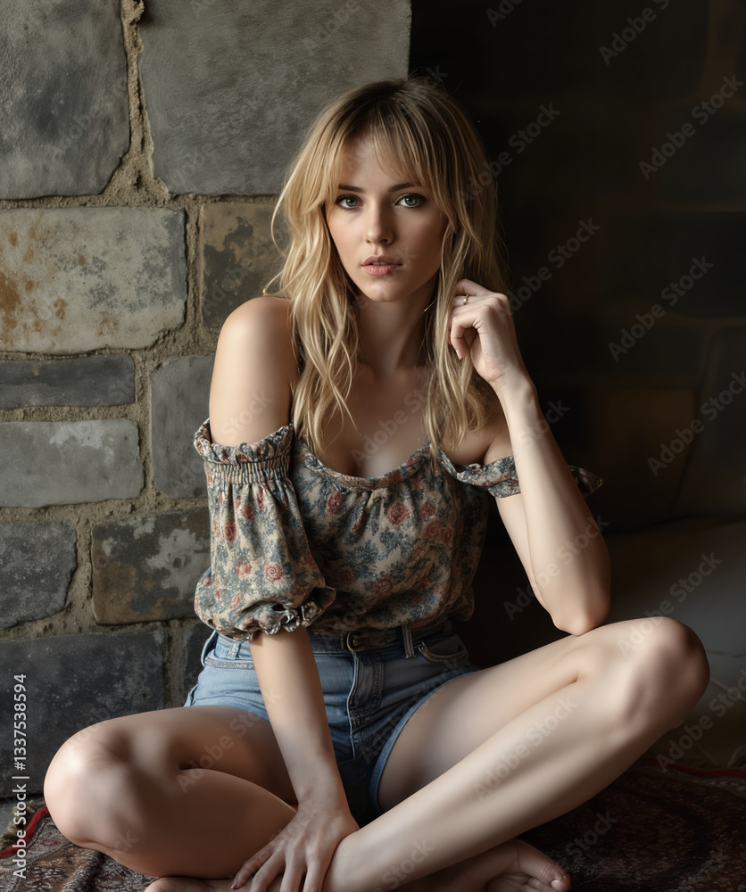 Naklejka premium Beautiful woman sitting indoors, wearing casual denim shorts and a floral top, creating a stylish yet relaxed ambiance, with soft natural lighting