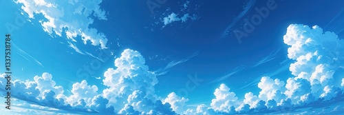 Serene view of fluffy cumulus clouds in a vivid blue sky panorama evoking freedom