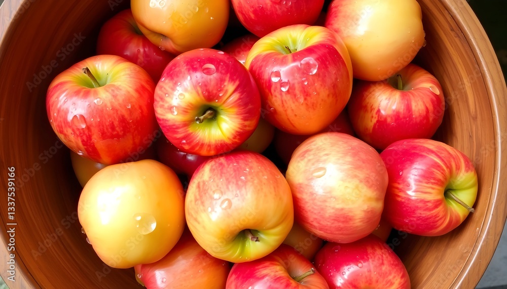 Fresh Apples in Wooden Bowl with Water Droplets Ready to Eat