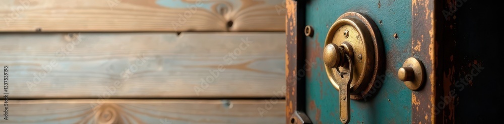 Fototapeta premium Antique safe, keys in lock, light wood background, treasure, safe