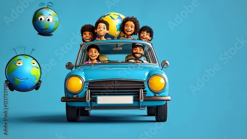 Diverse group of friends in blue car celebrating unity with globe on roof, promoting equality and diversity against discrimination