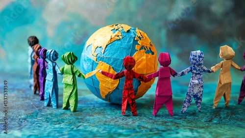 Diverse origami figures holding hands around a globe, representing unity and diversity in a world facing discrimination