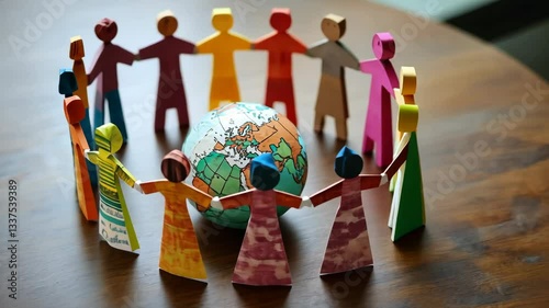 Diverse paper figures holding hands around globe on wooden table highlighting global discrimination theme