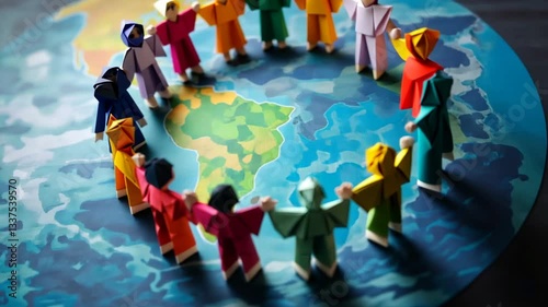 Multicolored origami figures holding hands around globe symbolizing unity despite racial discrimination