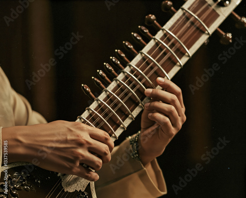 Detail view of a musician’s hands plucking and fretting the strings of a sitar, showcasing precision and artistry on this iconic Indian string instrument