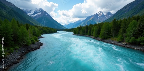Turbulent Yukon River rapids carving through Canadian mountains , photography, wild, view
