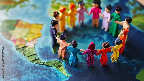 Diverse origami figures holding hands in circle around world map, representing unity in diversity and combating discrimination