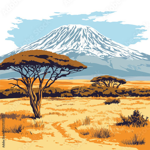 Majestic Kilimanjaro on African Savannah Vector Illustration