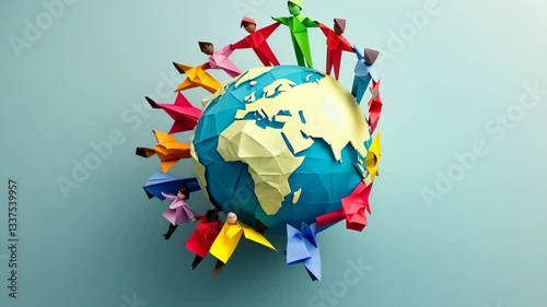 Diverse paper figures holding hands around a globe symbolizing unity and global discrimination