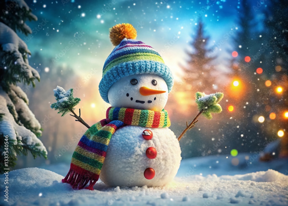 Obraz premium Adorable Snowman in Festive Winter Attire - Low Light Photography Stock Photo