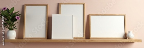 Wooden floating shelves with empty picture frames, floating, light, warm