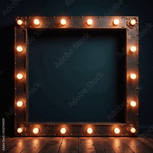 Aged, metallic marquee frame with dimmed bulbs, dark background, vintage, background