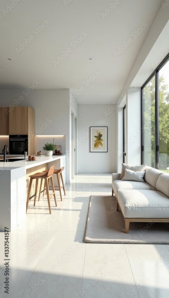 Fototapeta premium Bright white living room, open plan kitchen Modern minimalist design , flooring, bright interior, minimalist