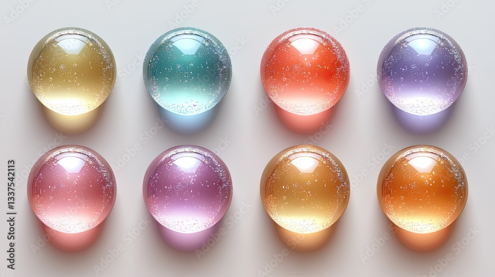Colorful, glossy spheres arranged in grid pattern. Detailed, translucent orbs, various pastel hues Colorful, glossy spheres arranged in grid pattern. Detailed, translucent orbs, various pastel hues