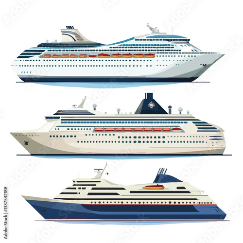 Colorful Cartoon Vector Illustration of a Large Cruise Ship on Sea Background