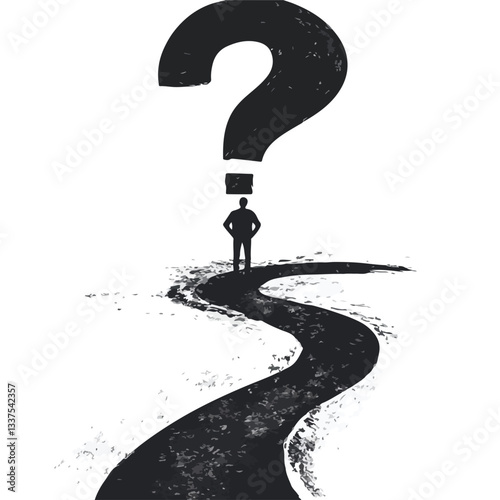 Mysterious Giant Question Mark Towering Over Person, Concept of Uncertainty and Solution Searching