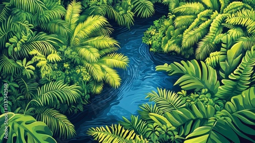 Lush Tropical Paradise Aerial View of a Tranquil Jungle Stream