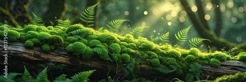 Enchanting forest floor: Lush moss and ferns bathed in dappled sunlight creating a peaceful scene