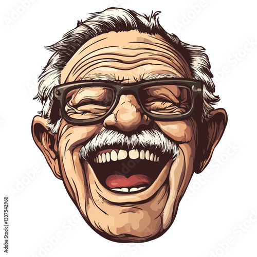 Smiling Old Man Head, Vector Illustration, Isolated on White Background