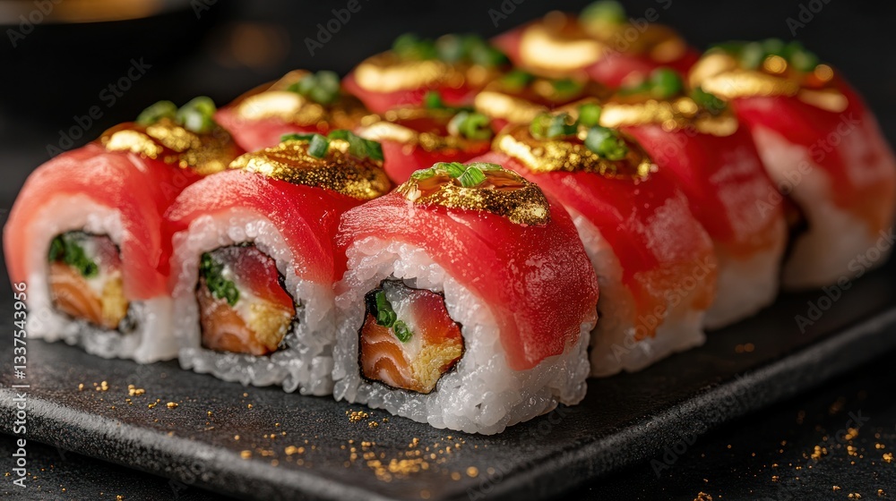 Exquisite sushi rolls, topped with edible gold flakes, showcasing vibrant red fish and rice. Fresh and visually appealing, a culinary masterpiece Exquisite sushi rolls, topped with edible gold flakes, showcasing vibrant red fish and rice. Fresh and visually appealing, a culinary masterpiece