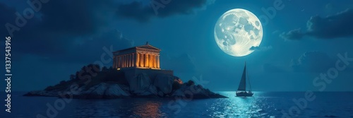 Wallpaper Mural Full moon illuminates Poseidon temple & sailboat at sea,  history,  holy,  waves Torontodigital.ca