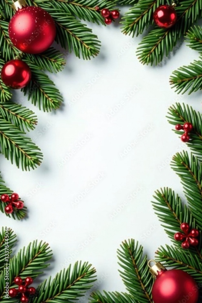 Festive red, green, white ornaments & pine branches border , digital, illustration, winter border