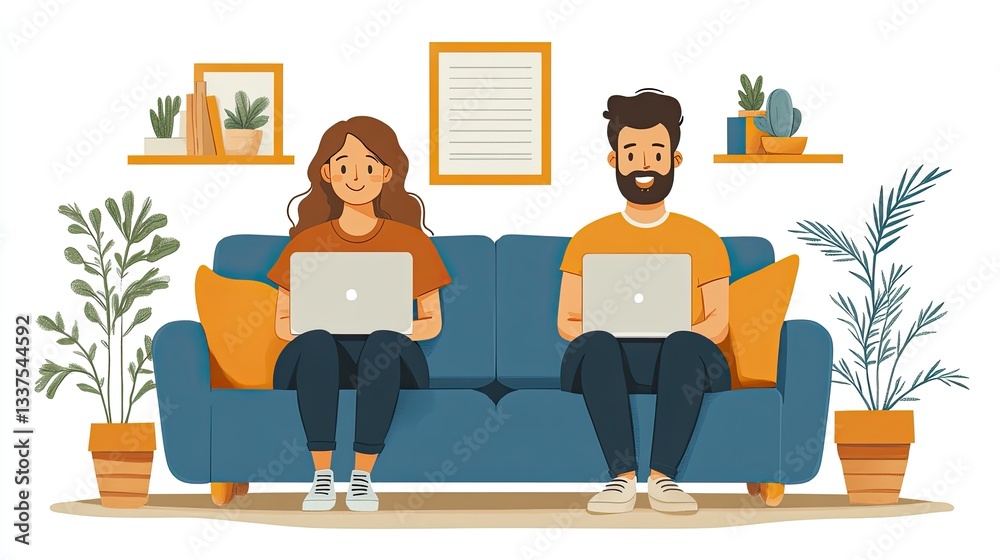 Couple working from home on laptops Couple working from home on laptops