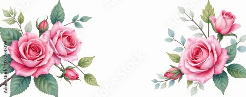 Delicate watercolor roses & leaves in a soft frame , painted, design element