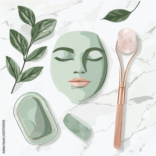 Luxurious Spa Scene with Face Mask and Jade Roller