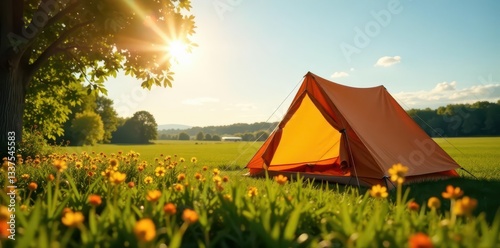 Family tent pitched in idyllic field under sunny sky, holiday, field, summer