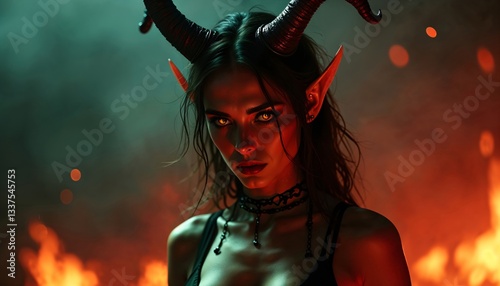 Woman in demonic costume with horns and elf ears. Dark fantasy concept. Halloween character portrayal. Eerie atmospheric lighting with red and green tones. Supernatural theme.