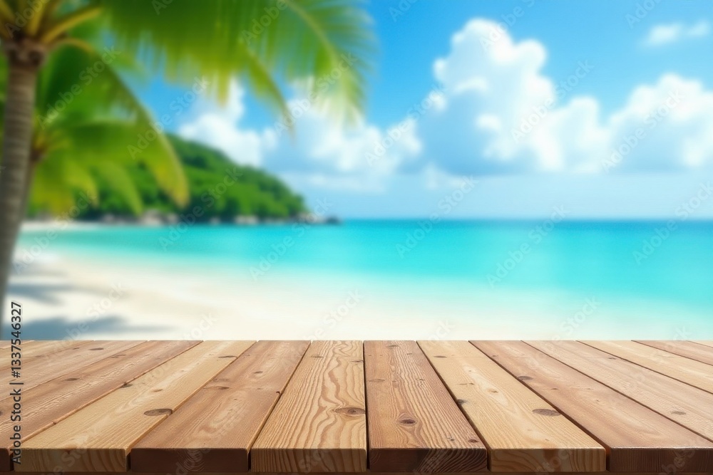 Fototapeta premium Empty wooden table on tropical beach; blurred ocean, sky, clouds , yellow, summer, bokeh