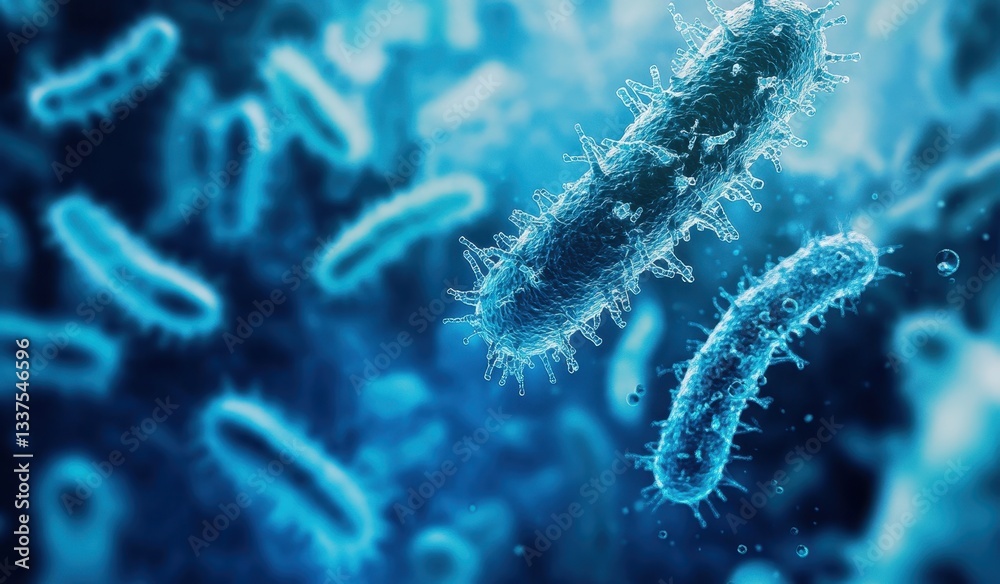 Close-up view of microscopic blue bacteria under magnification. Close-up view of microscopic blue bacteria under magnification.
