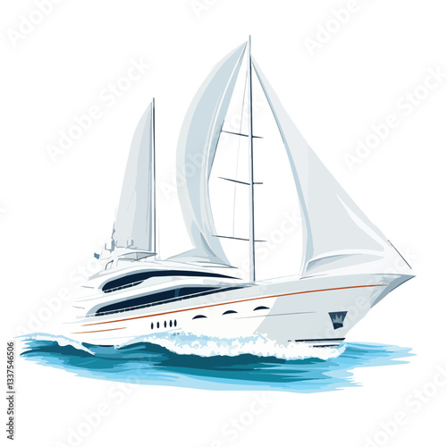 Luxury Yacht Sailing on Open Sea Vector Illustration