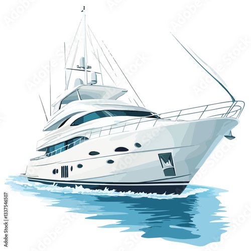 Luxury Yacht Sailing on Open Sea Vector Illustration