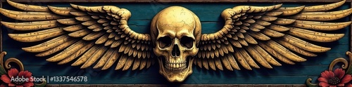 Intricate winged skull, vintage woodcut style Deep etching, dark wood grain , art, grunge, mysterious