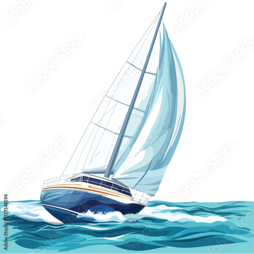 Luxury Yacht Sailing on Open Sea Vector Illustration