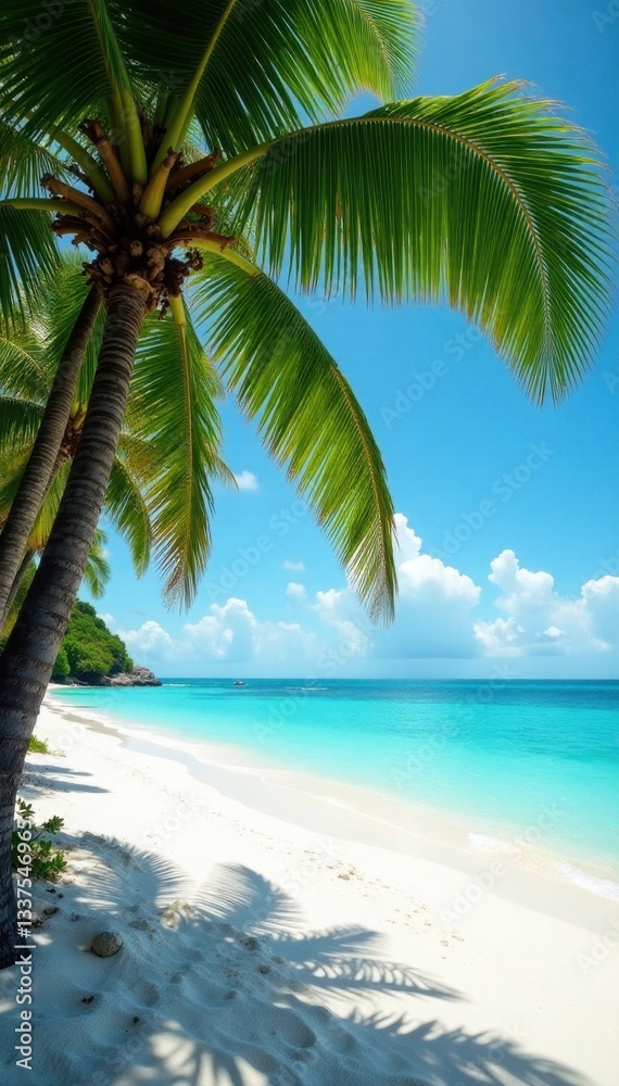 Lush palms bend over white sand beach; ocean view , nature, sand