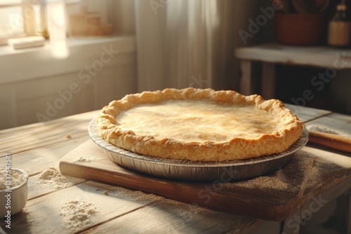 Freshly rolled-out rustic pie crust with handmade texture and scattered flour on a wooden countertop – perfect for cozy pie baking photography