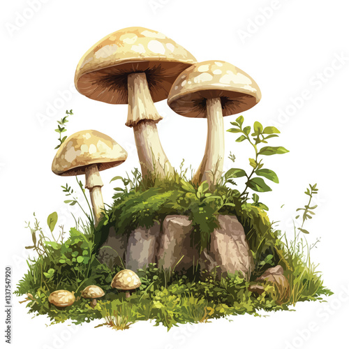 Enchanting Green Fairytale Forest with Mushrooms Fantasy Scene